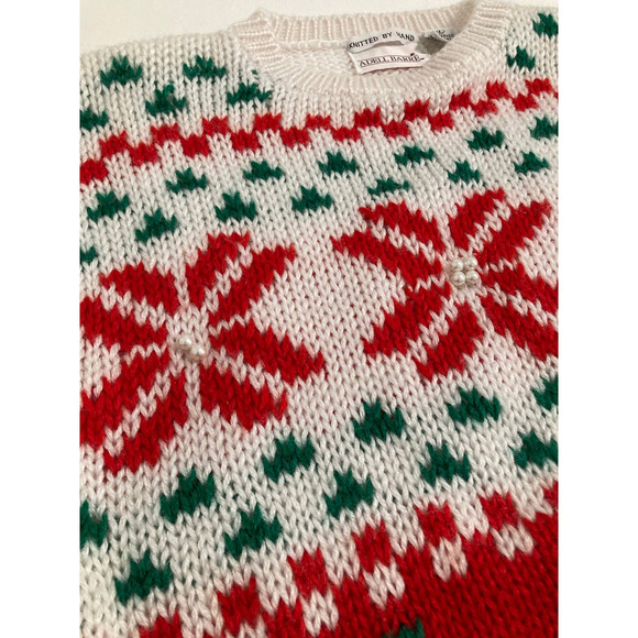 ADELL BARRE Large Vintage 80's Hand Knit Christmas Sweater Bows Pearl Beads - Picture 6 of 7